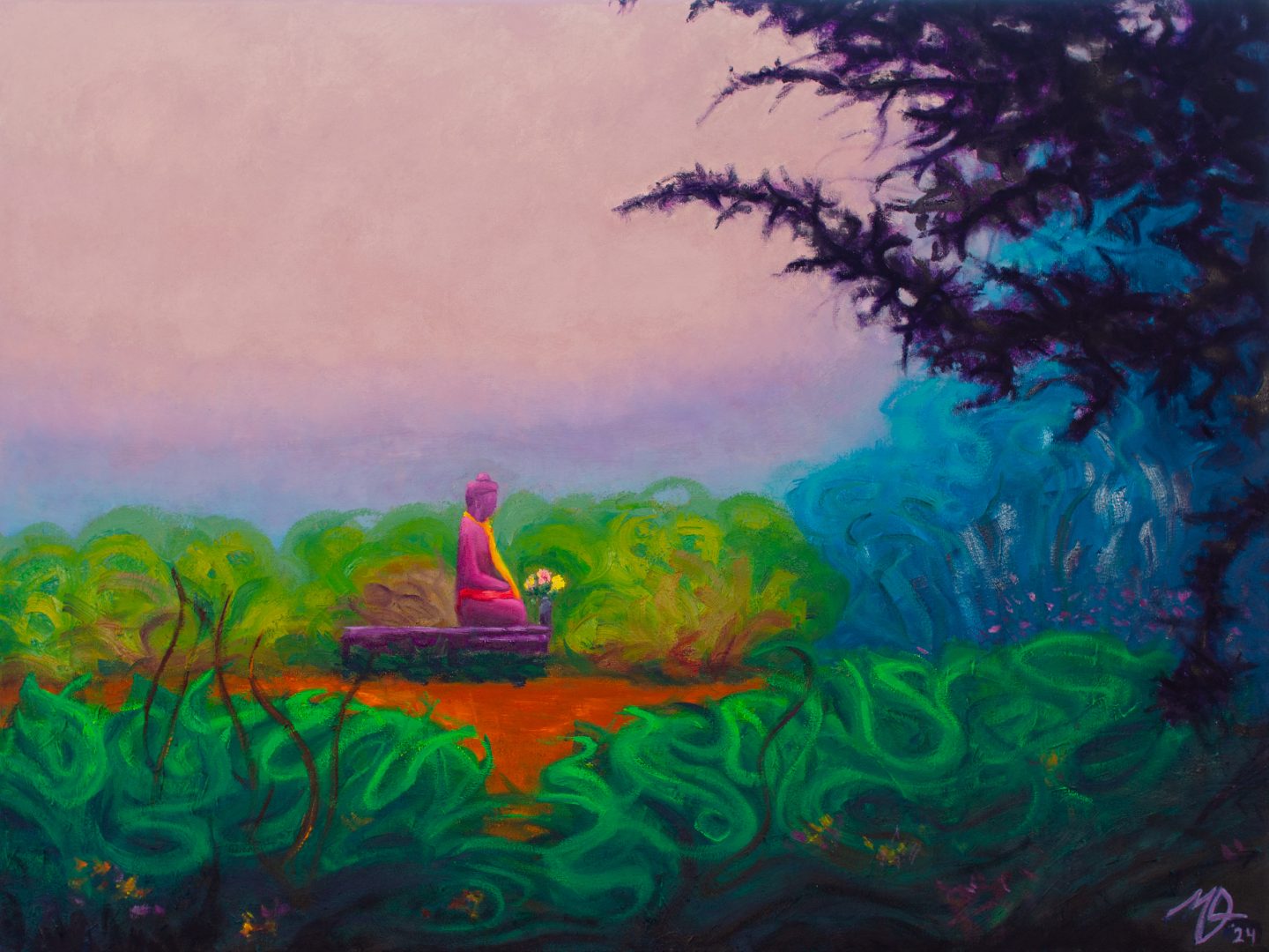Painting of a Buddha sculpture in a wooded area near Woodstock, New York